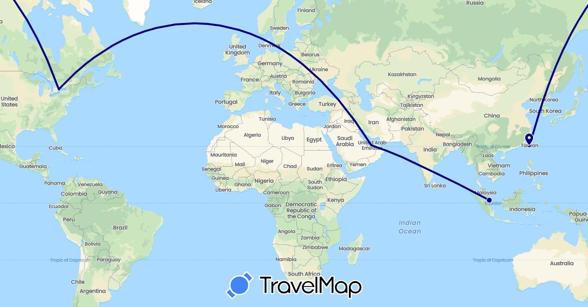 TravelMap itinerary: driving in United Arab Emirates, Canada, India, Singapore, Taiwan (Asia, North America)